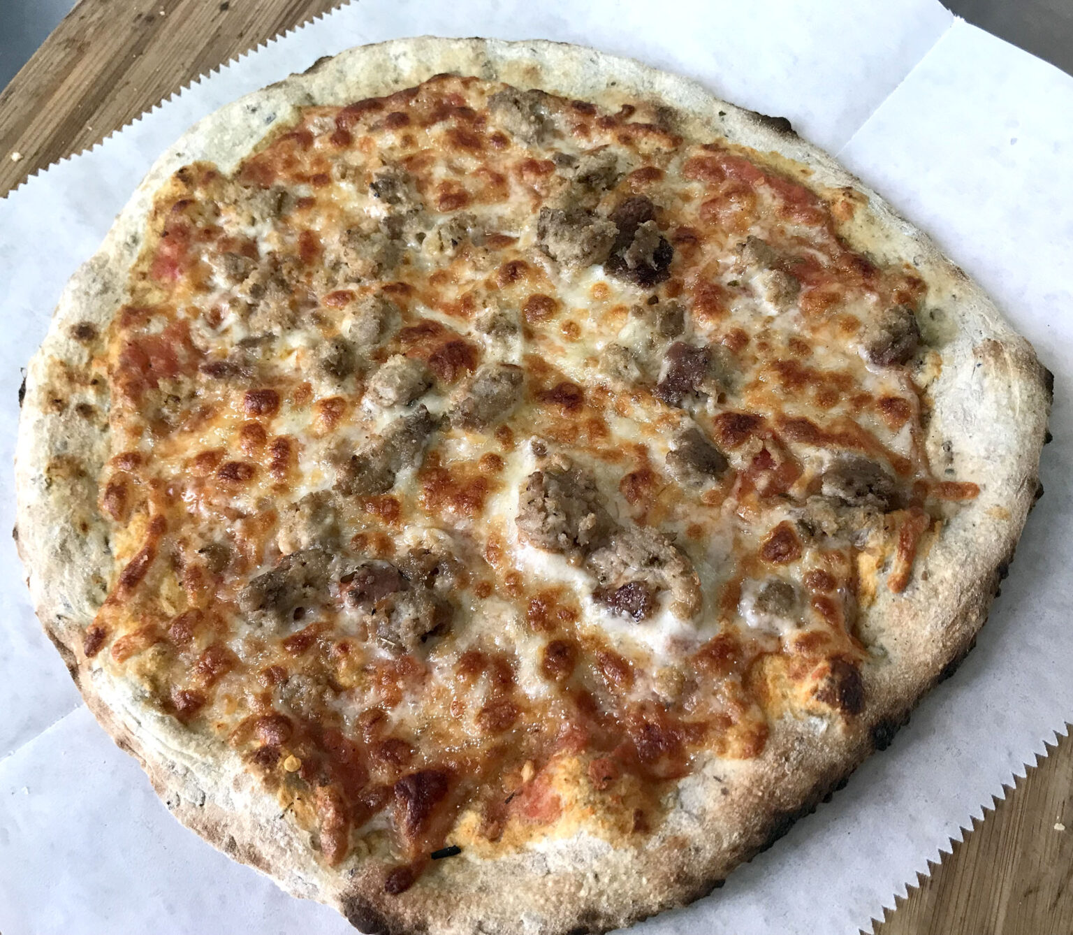 Hunter Sausage Artisan Pizza at Log Home Wood Fired Pizza, McGregor, MN, Food Truck, Catering