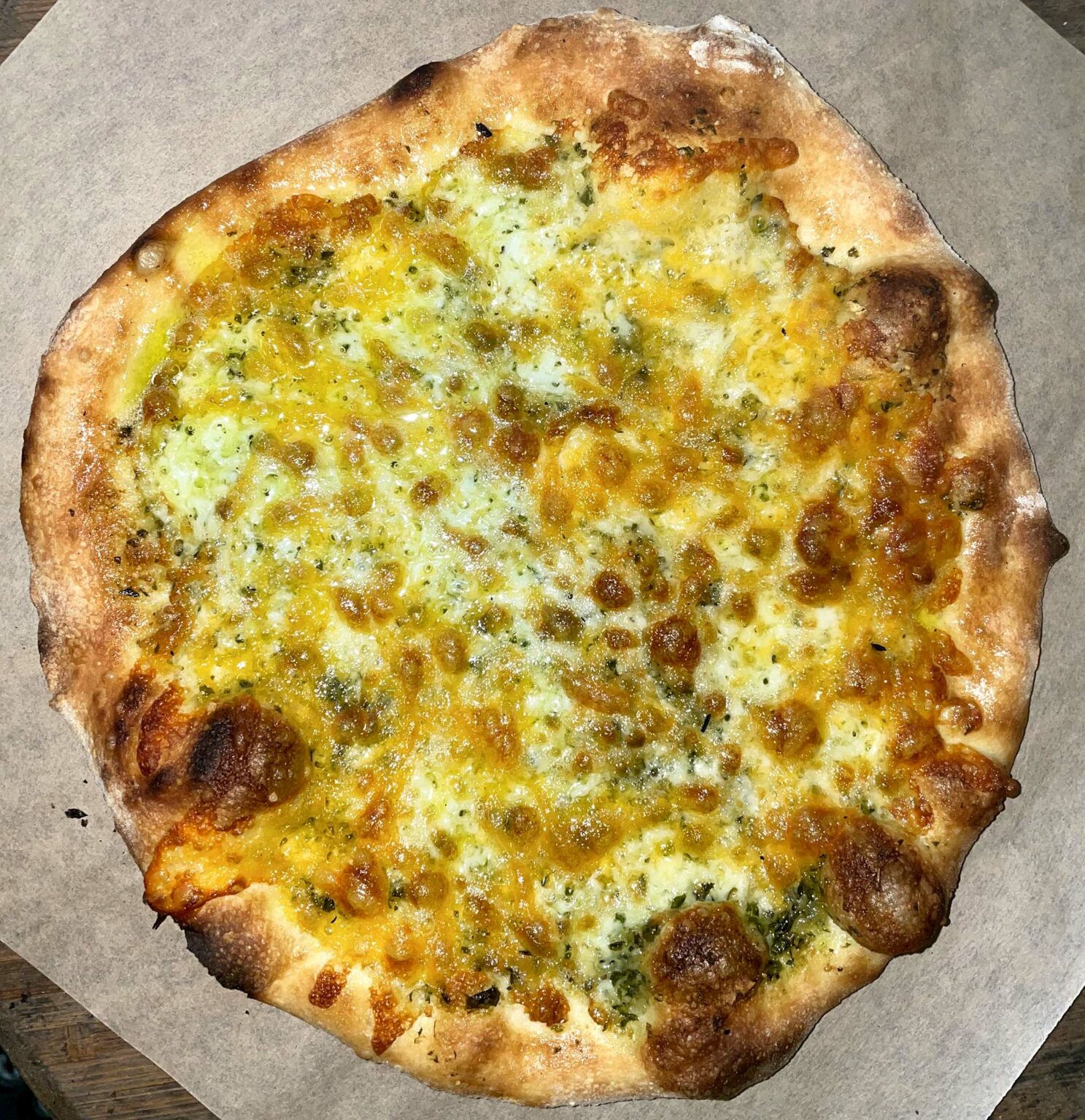 Log Cabin Pesto Artisan Pizza at Log Home Wood Fired Pizza, McGregor, MN, Food Truck, Catering