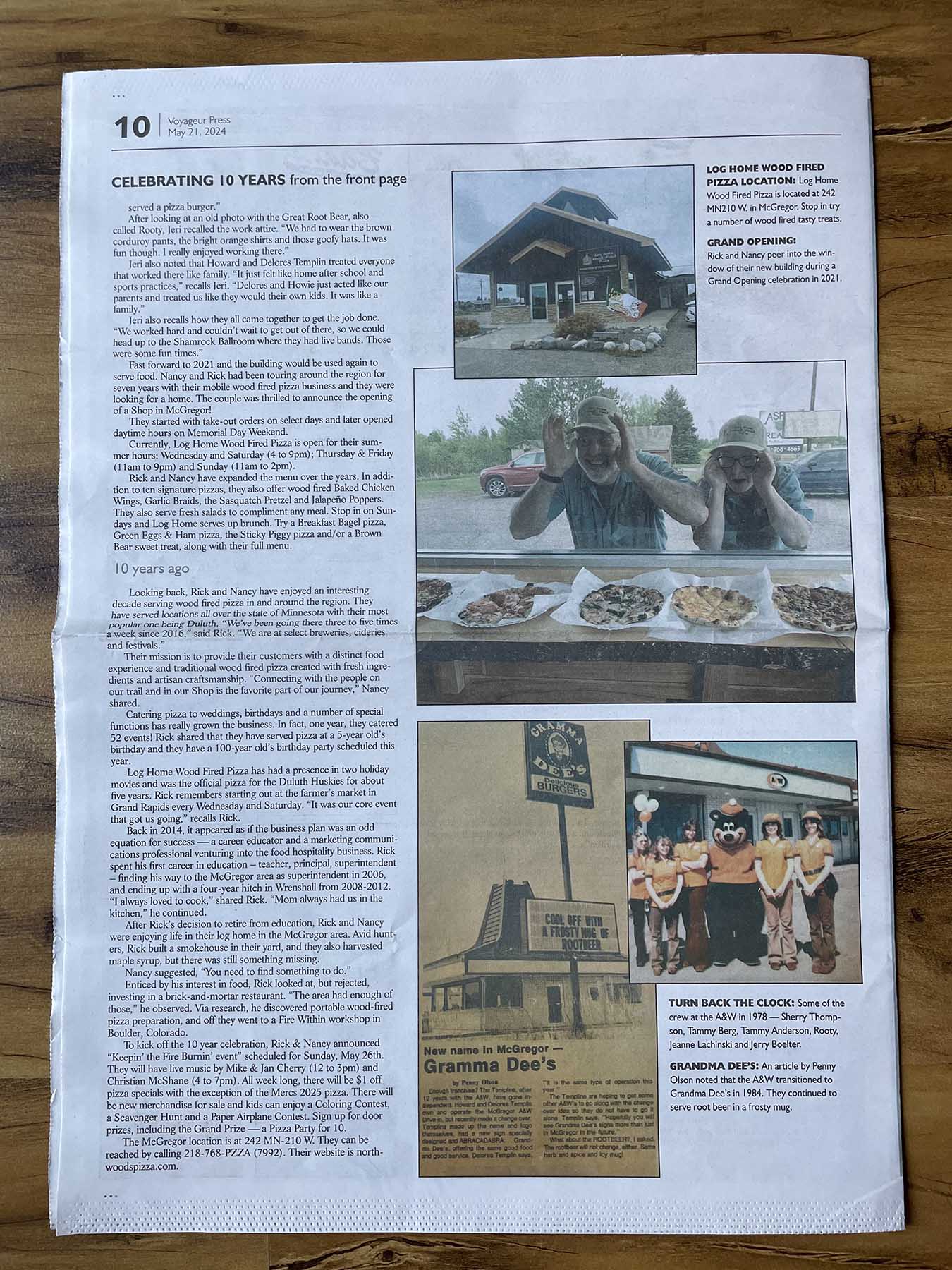 Log Home Wood Fired Pizza, McGregor, MN, 10th Anniversary, Voyageur Press newspaper article