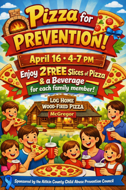 Pizza for Prevention, Aitkin County Child Abuse Prevention Council, Log Home Wood Fired Pizza, McGregor, MN